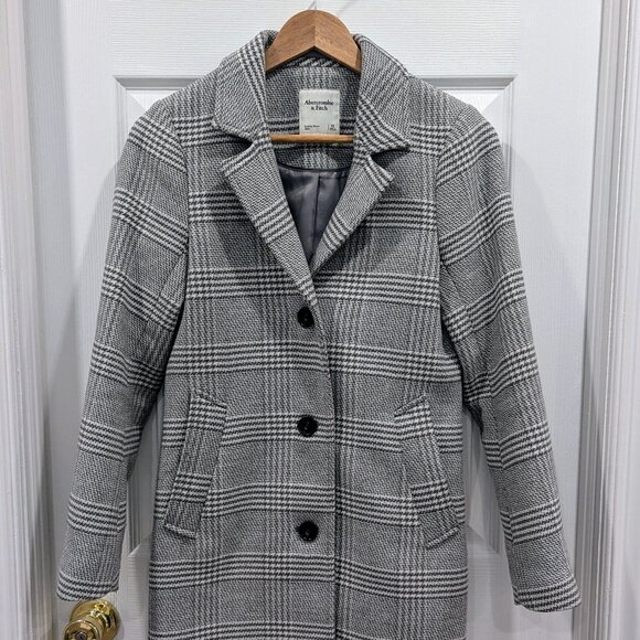 Abercrombie Wool-Blend Dad Coat XS in Grey Plaid - Picture 1 of 6